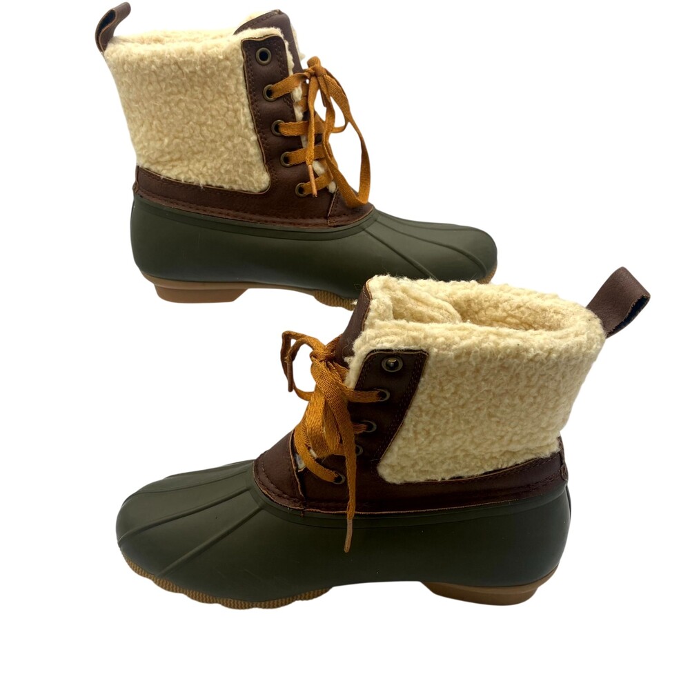 Serra Women's US 8 Duck Rubber Boots Brown Green Faux Fur Round Toe 12259
